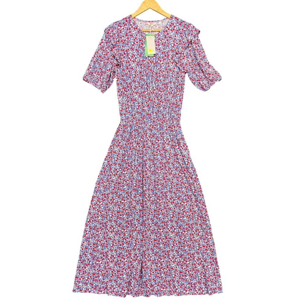 Boden Women's Dress US 10L Floral Paisley Print Midi Smocked Waist D0283 Blu NWT